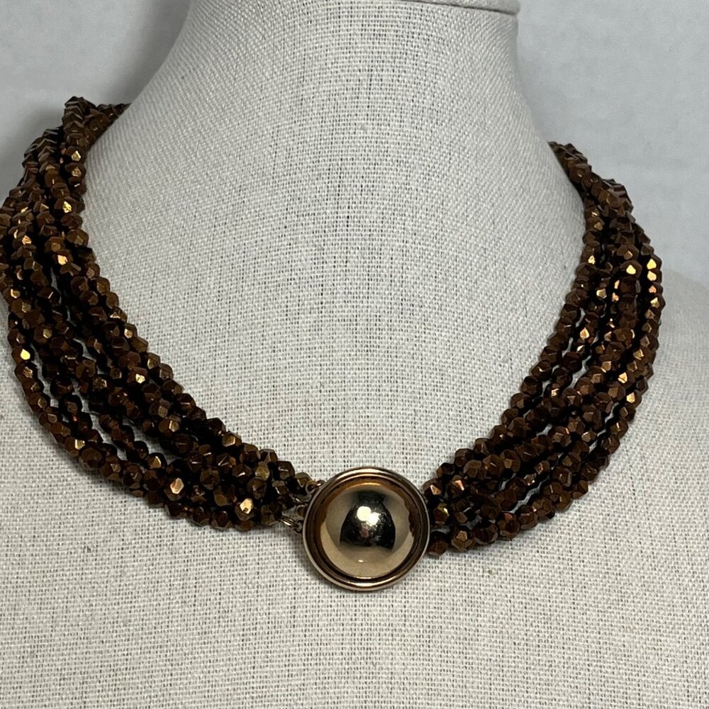 Vintage Castlecliff Multi-Strand Bronze Bead Necklace With Gold-Tone Clasp 16"